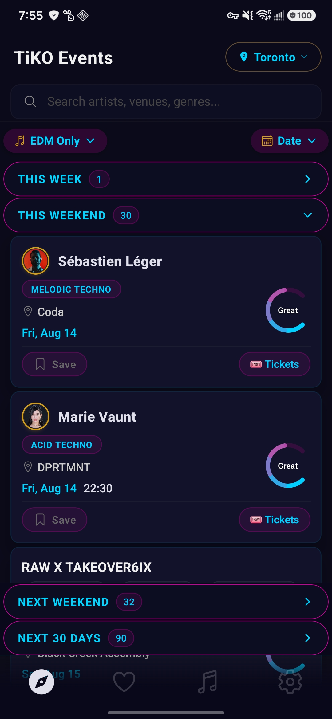 TiKO Discover screen showing events ranked by taste
