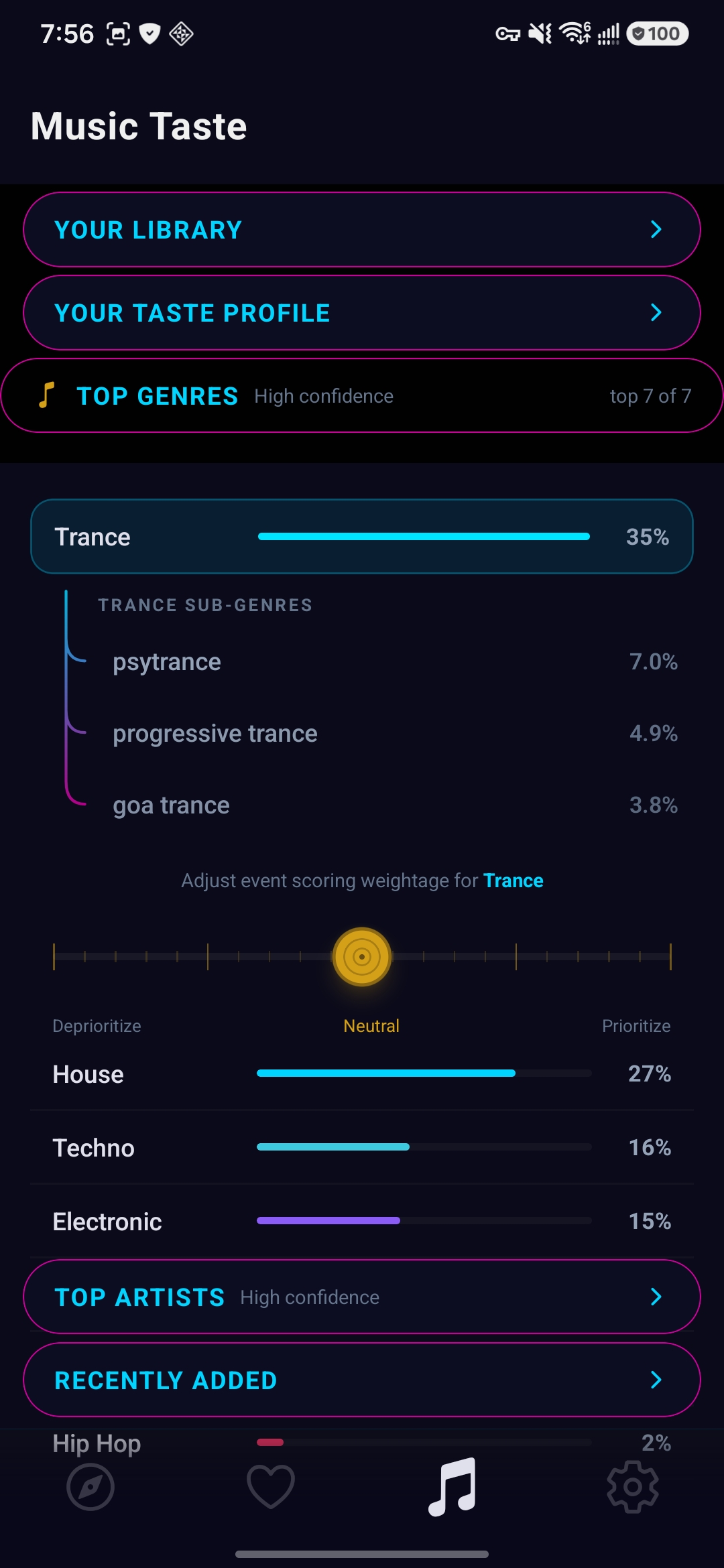 TiKO Music Taste screen showing the taste profile